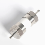 Coin cell simulator upright on white background for lithium battery research