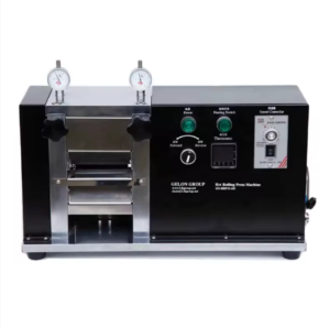 Lab calendering machine GN-MR-150 electric roll press front view with vertical rollers 96mm diameter