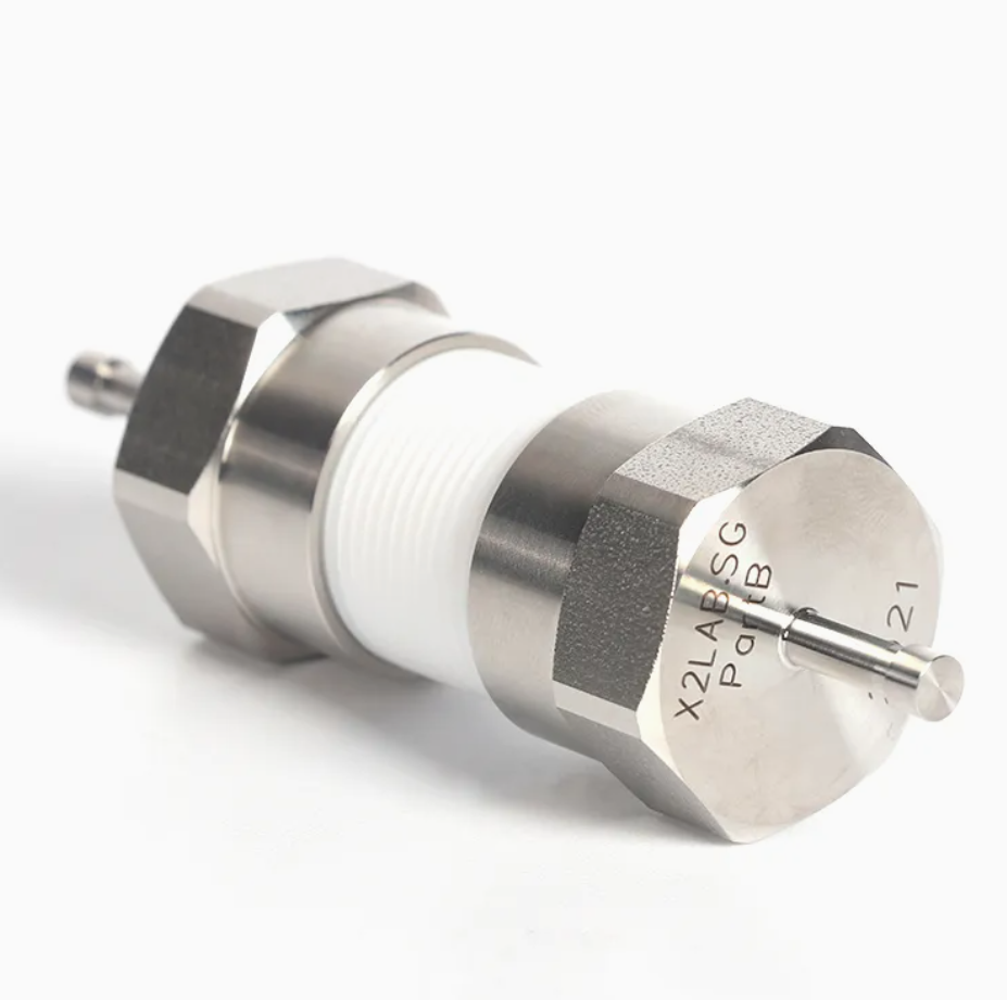 SS316 coin cell simulator with Teflon body angled view for battery material testing