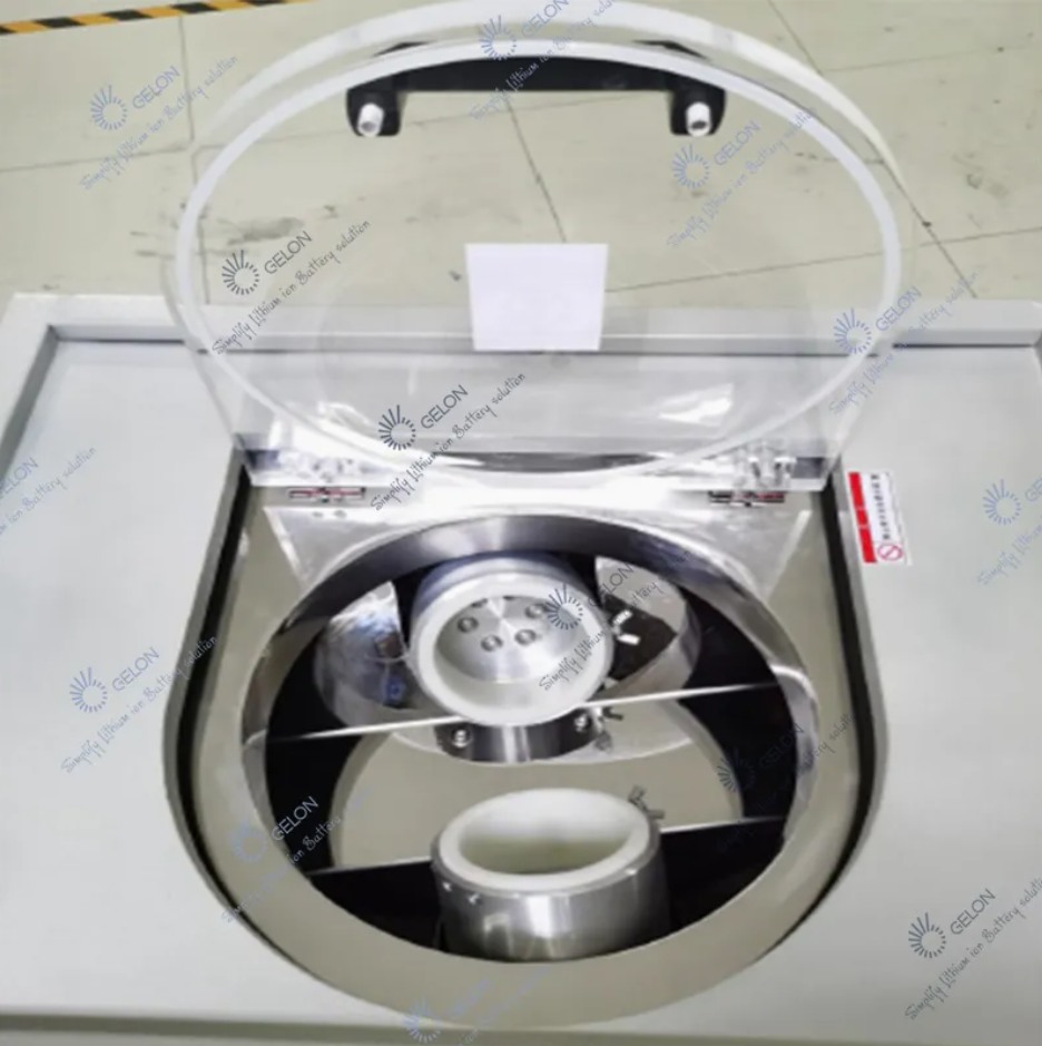 Two 900ml mixing tanks inside GN-T600A centrifugal defoaming machine for lithium battery slurry preparation