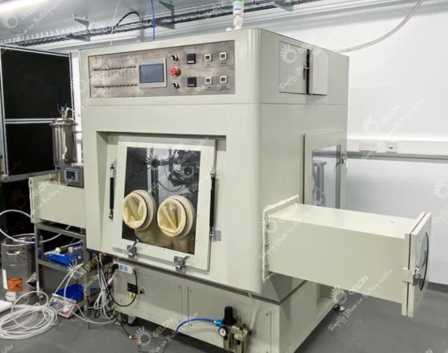 Close-up of the electrode stacking machine in operation on a 20Ah Pouch Cell Pilot Line at a research facility.