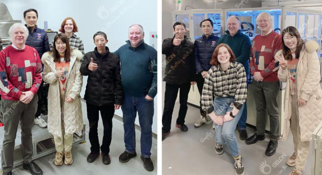 Our team and the British university lab group standing in front of the newly installed Pouch Cell Pilot Line after project completion.